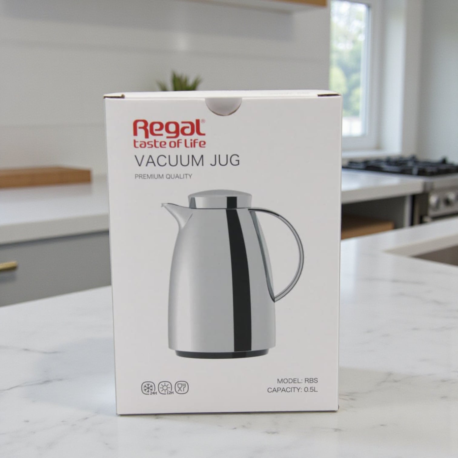 Regal Vacuum Jug 0.5 Liter | Stainless Steel Double Wall Thermal Flask | Premium Hot & Cold Beverage Server – Elegant Chrome Finish