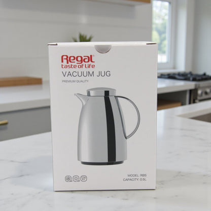 Regal Vacuum Jug 0.5 Liter | Stainless Steel Double Wall Thermal Flask | Premium Hot & Cold Beverage Server – Elegant Chrome Finish