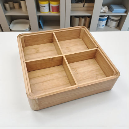 Bamboo Wooden Storage Box with Acrylic Lid | 4-Compartment Organizer for Snacks, Dry Fruits, Tea Bags & Spices | Elegant Square Serving Box with Transparent Cover