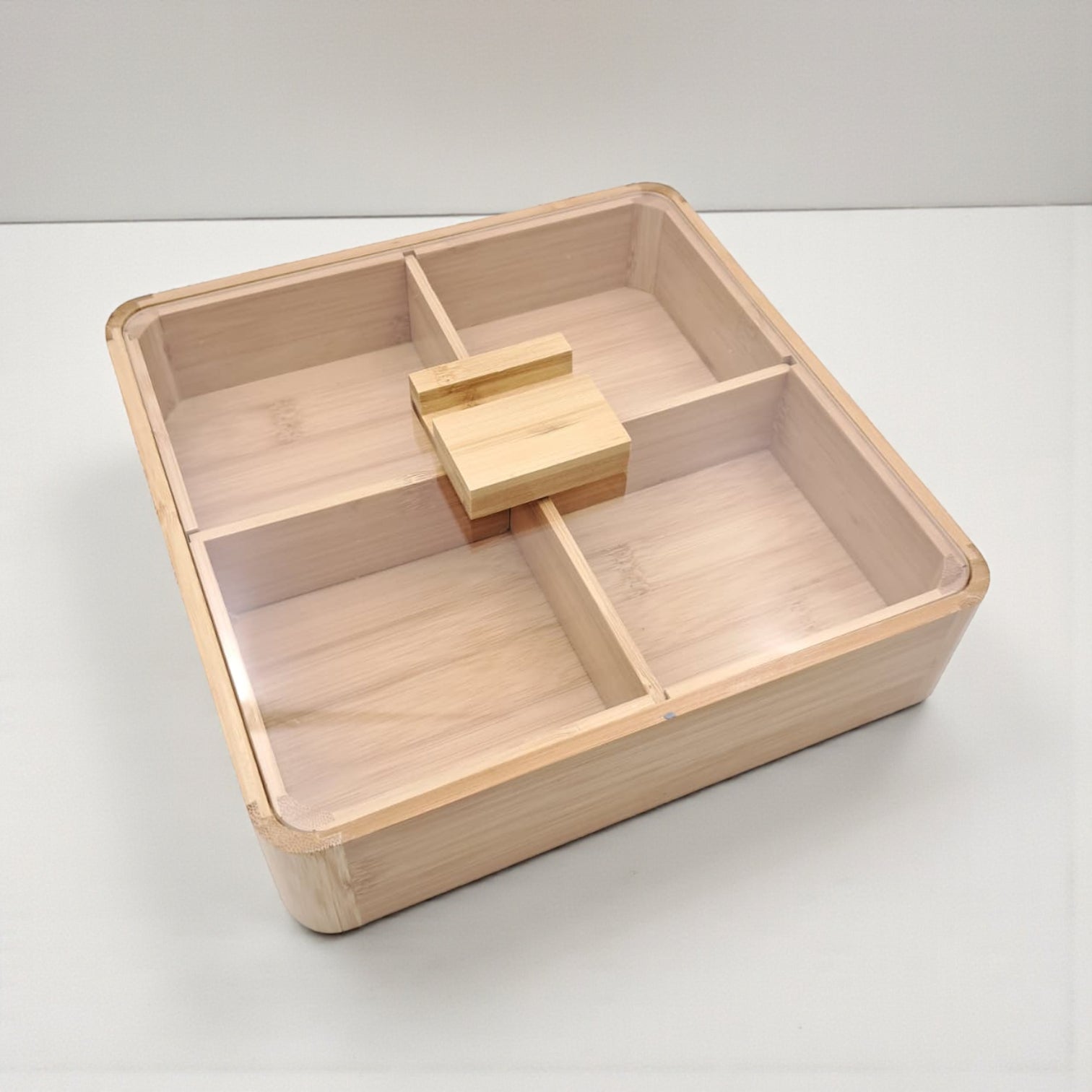 Bamboo Wooden Storage Box with Acrylic Lid | 4-Compartment Organizer for Snacks, Dry Fruits, Tea Bags & Spices | Elegant Square Serving Box with Transparent Cover
