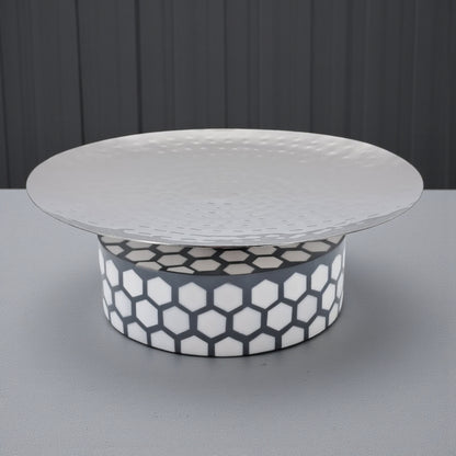 Elegant Hammered Metal Cake Stand with Geometric Base | Modern Dessert & Serving Display | Durable Decorative Table Centerpiece