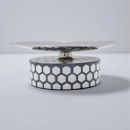 Elegant Hammered Metal Cake Stand with Geometric Base | Modern Dessert & Serving Display | Durable Decorative Table Centerpiece