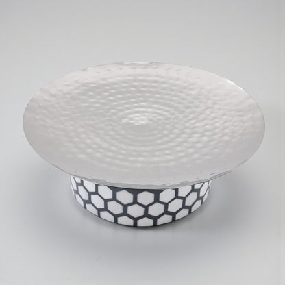 Elegant Hammered Metal Cake Stand with Geometric Base | Modern Dessert & Serving Display | Durable Decorative Table Centerpiece
