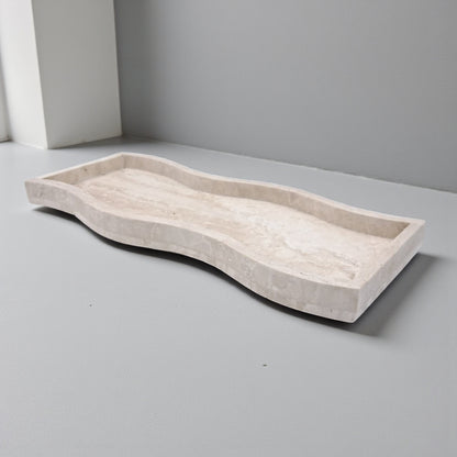 Natural Travertine Stone Wave Tray – Handmade Curved Rectangular Decorative Tray | Solid Stone Vanity or Table Organizer