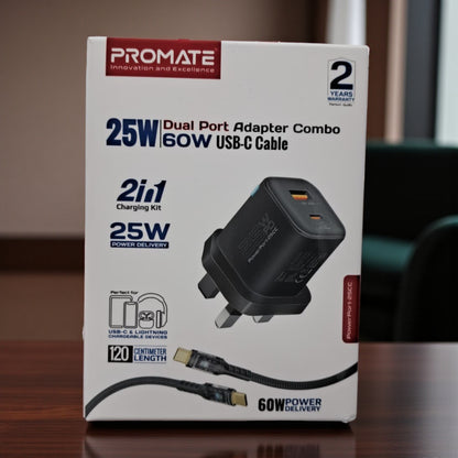 Promate 25W Dual Port Fast Charger Adapter Combo with 60W USB-C Braided Cable | Power Delivery & Quick Charge 3.0 | Dual USB-C Output for Smartphones, Tablets & All USB-C Devices | 120cm Cable Included – Black