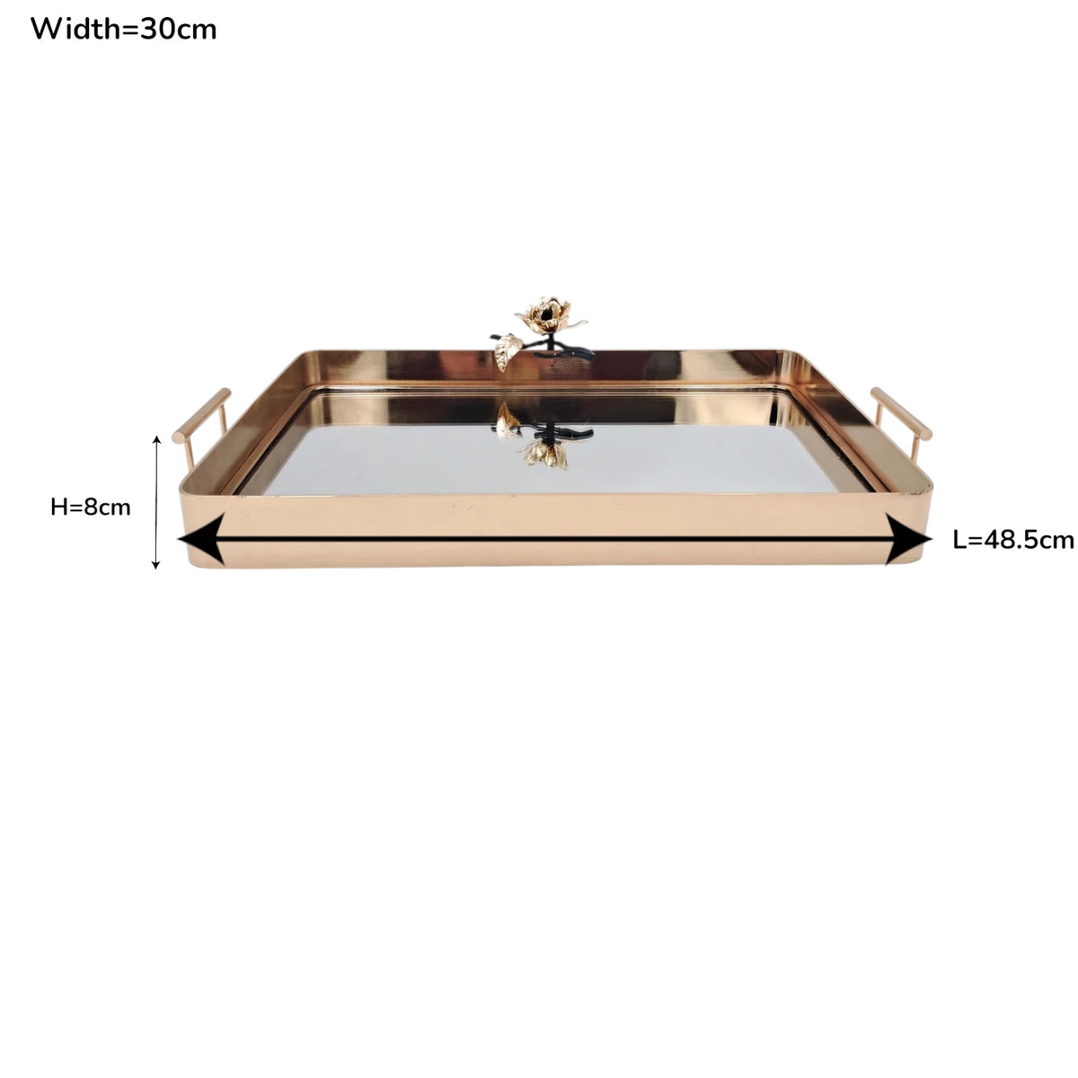 MAY FLOWER Luxury Gold Mirrored Serving Tray with Handles Decorative Vanity Organizer Tray for Coffee Table Dining Table & Home Décor (8H x 48.5L x 30W CM) - Damoo