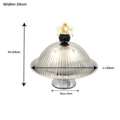 Luxury Metal Covered Serving Tray Stand with Dome Lid & Decorative Palm Handle – Elegant Dessert, Fruit & Snack Display Platter with Lid (24H x 24L x 24W CM) - Damoo