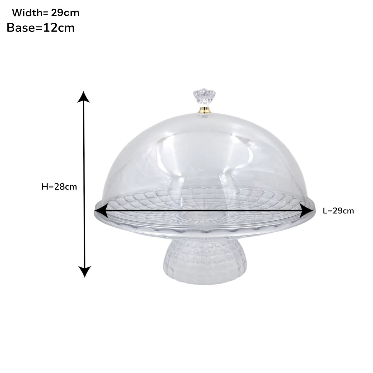 Clear Acrylic Cake Stand with Dome Cover & Crystal Knob – Elegant Dessert Display Stand for Cakes, Pastries & Treats (28H x 29L x 29W CM | Base 12CM) - Damoo