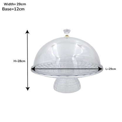 Clear Acrylic Cake Stand with Dome Cover & Crystal Knob – Elegant Dessert Display Stand for Cakes, Pastries & Treats (28H x 29L x 29W CM | Base 12CM) - Damoo