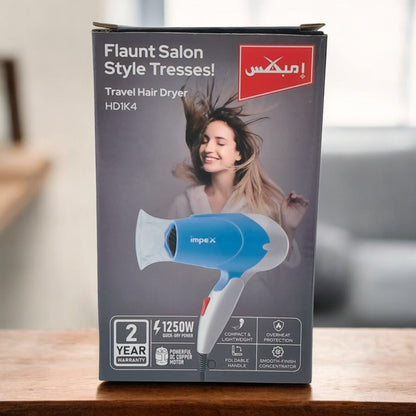 Impex Travel Hair Dryer HD1K4 | 1250W Quick-Dry Power | Foldable Handle | Dual Heat Settings | Cool Air Function | Lightweight & Compact | Smooth-Finish Concentrator | Overheat Protection