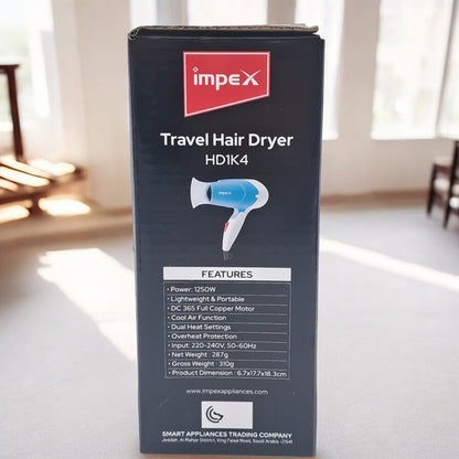 Impex Travel Hair Dryer HD1K4 | 1250W Quick-Dry Power | Foldable Handle | Dual Heat Settings | Cool Air Function | Lightweight & Compact | Smooth-Finish Concentrator | Overheat Protection