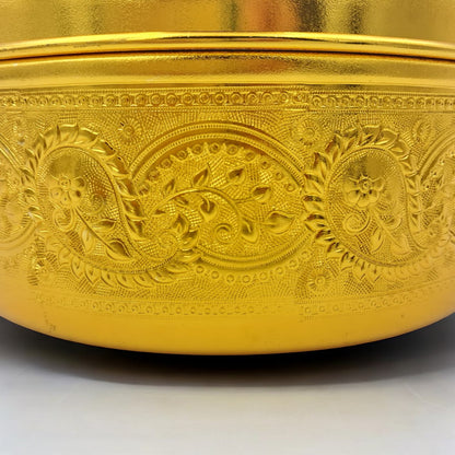Arabic Embossed Metal Storage Container – Premium Round Box with Lid for Dry Fruits, Dates, Sweets, Spices, Jewelry & Gifting | Decorative Traditional Design | 21cm Large Size
