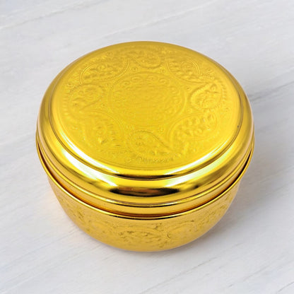 Arabic Embossed Metal Storage Container – Premium Round Box with Lid for Dry Fruits, Dates, Sweets, Spices, Jewelry & Gifting | Decorative Traditional Design | 21cm Large Size