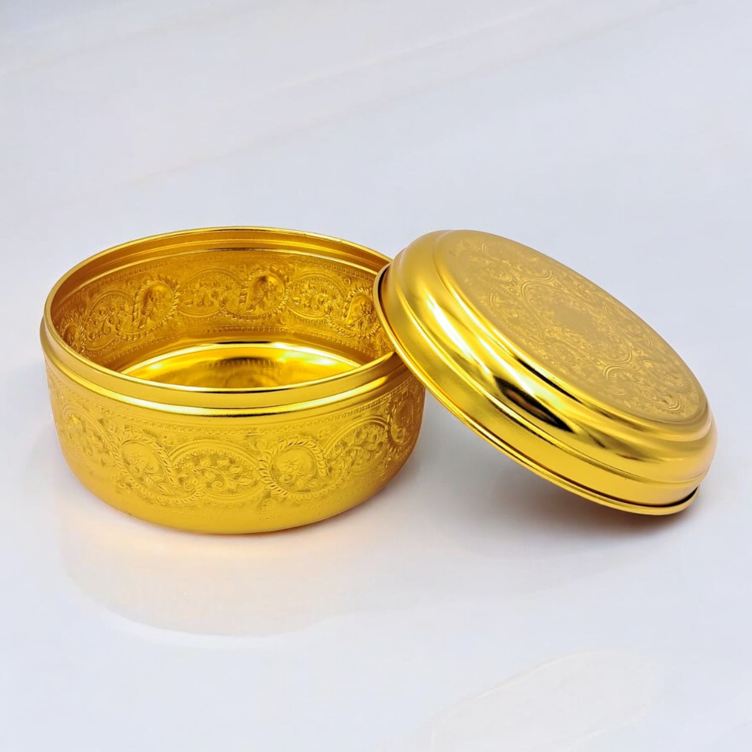 Arabic Embossed Metal Storage Container – Premium Round Box with Lid for Dry Fruits, Dates, Sweets, Spices, Jewelry & Gifting | Decorative Traditional Design | 21cm Large Size