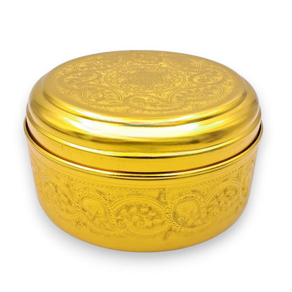 Arabic Embossed Metal Storage Container – Premium Round Box with Lid for Dry Fruits, Dates, Sweets, Spices, Jewelry & Gifting | Decorative Traditional Design | 21cm Large Size
