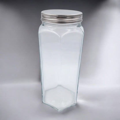 Premium Hexagon Glass Storage Jar with Stainless Steel Lid – Airtight Food Container for Kitchen & Pantry Organization – Clear Square Design - Damoo