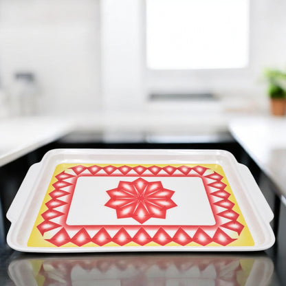 Decorative Rectangular Serving Tray with Elegant Red & Yellow Geometric Design – Durable Kitchen Tray with Convenient Handles for Serving Food & Drinks - Damoo