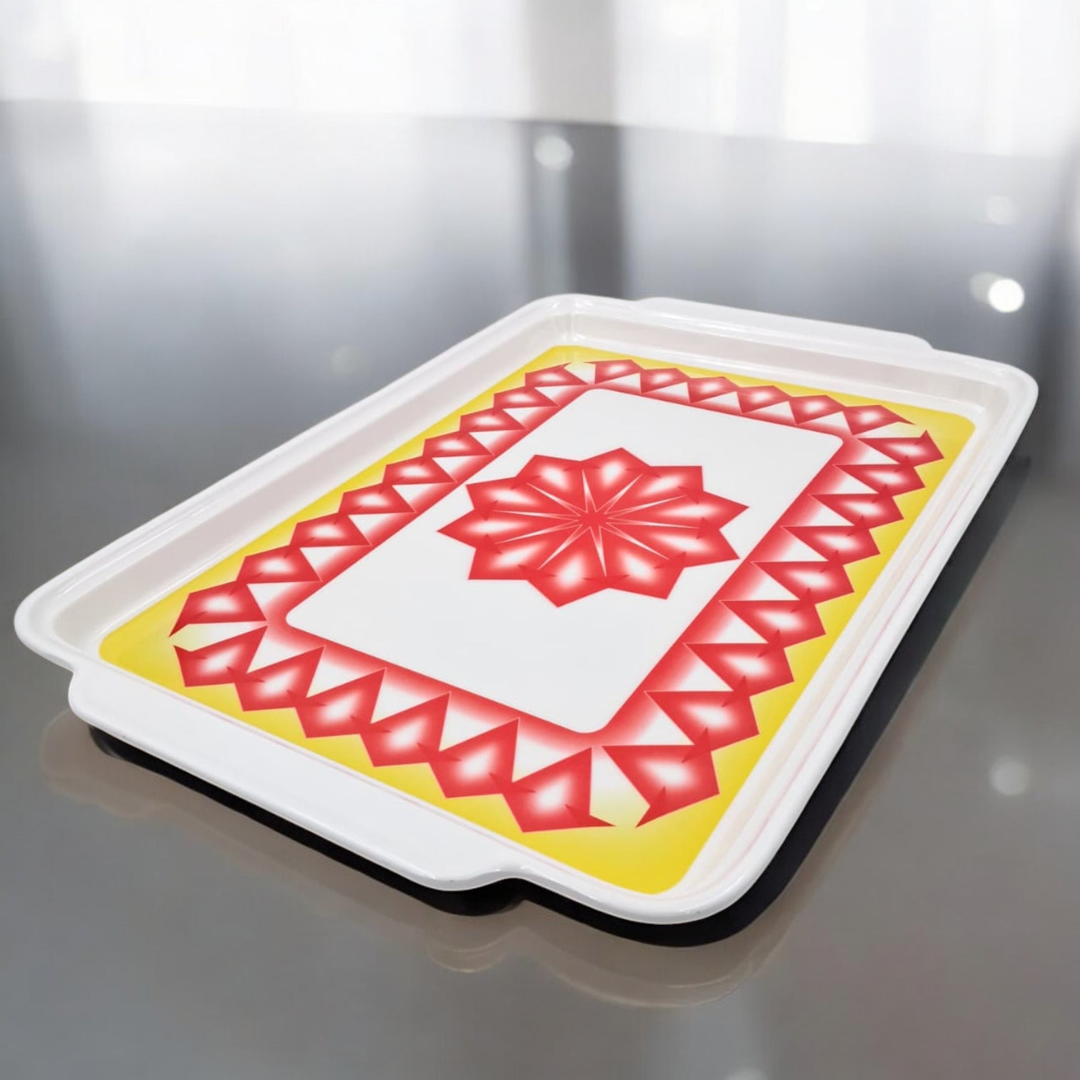 Decorative Rectangular Serving Tray with Elegant Red & Yellow Geometric Design – Durable Kitchen Tray with Convenient Handles for Serving Food & Drinks - Damoo