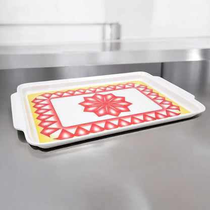 Decorative Rectangular Serving Tray with Elegant Red & Yellow Geometric Design – Durable Kitchen Tray with Convenient Handles for Serving Food & Drinks - Damoo