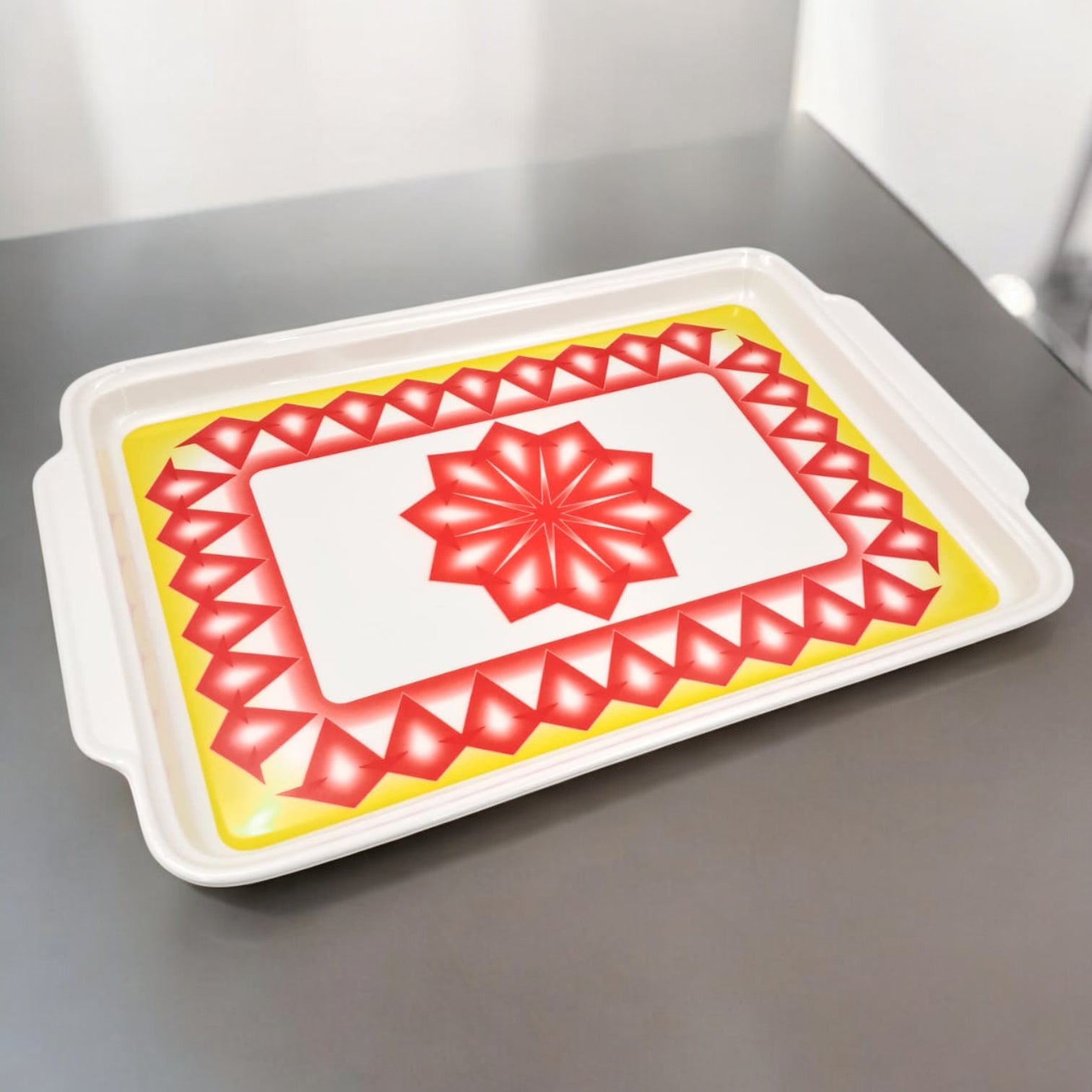 Decorative Rectangular Serving Tray with Elegant Red & Yellow Geometric Design – Durable Kitchen Tray with Convenient Handles for Serving Food & Drinks - Damoo