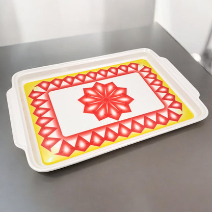 Decorative Rectangular Serving Tray with Elegant Red & Yellow Geometric Design – Durable Kitchen Tray with Convenient Handles for Serving Food & Drinks - Damoo