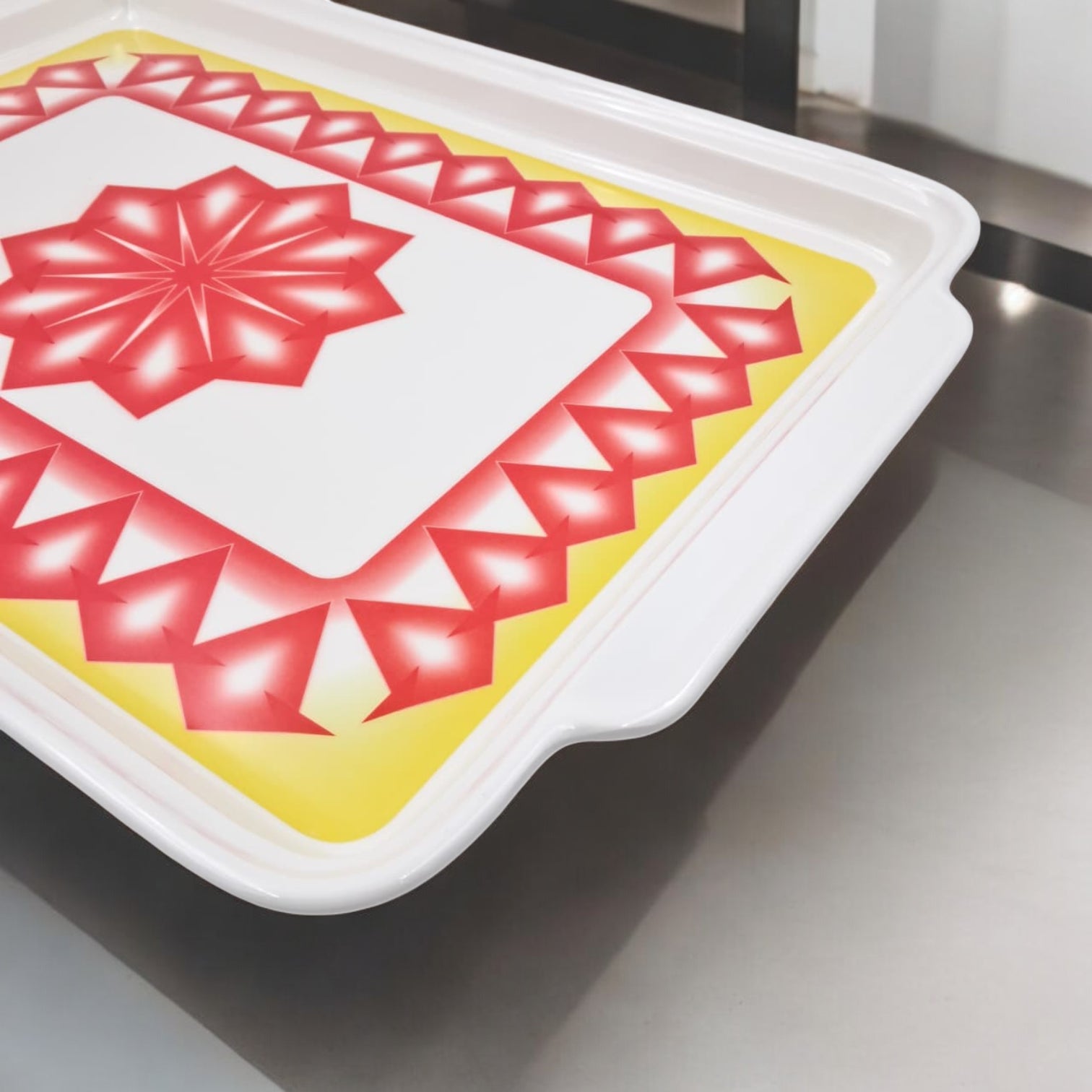 Decorative Rectangular Serving Tray with Elegant Red & Yellow Geometric Design – Durable Kitchen Tray with Convenient Handles for Serving Food & Drinks - Damoo