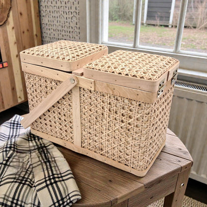 Handwoven Bamboo Picnic Storage Basket with Double Lid & Carry Handle (38.5H x 31L × 16W CM) - Damoo