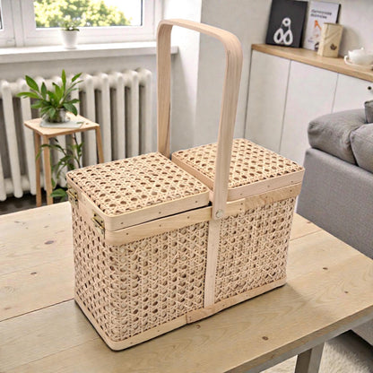 Handwoven Bamboo Picnic Storage Basket with Double Lid & Carry Handle (38.5H x 31L × 16W CM) - Damoo