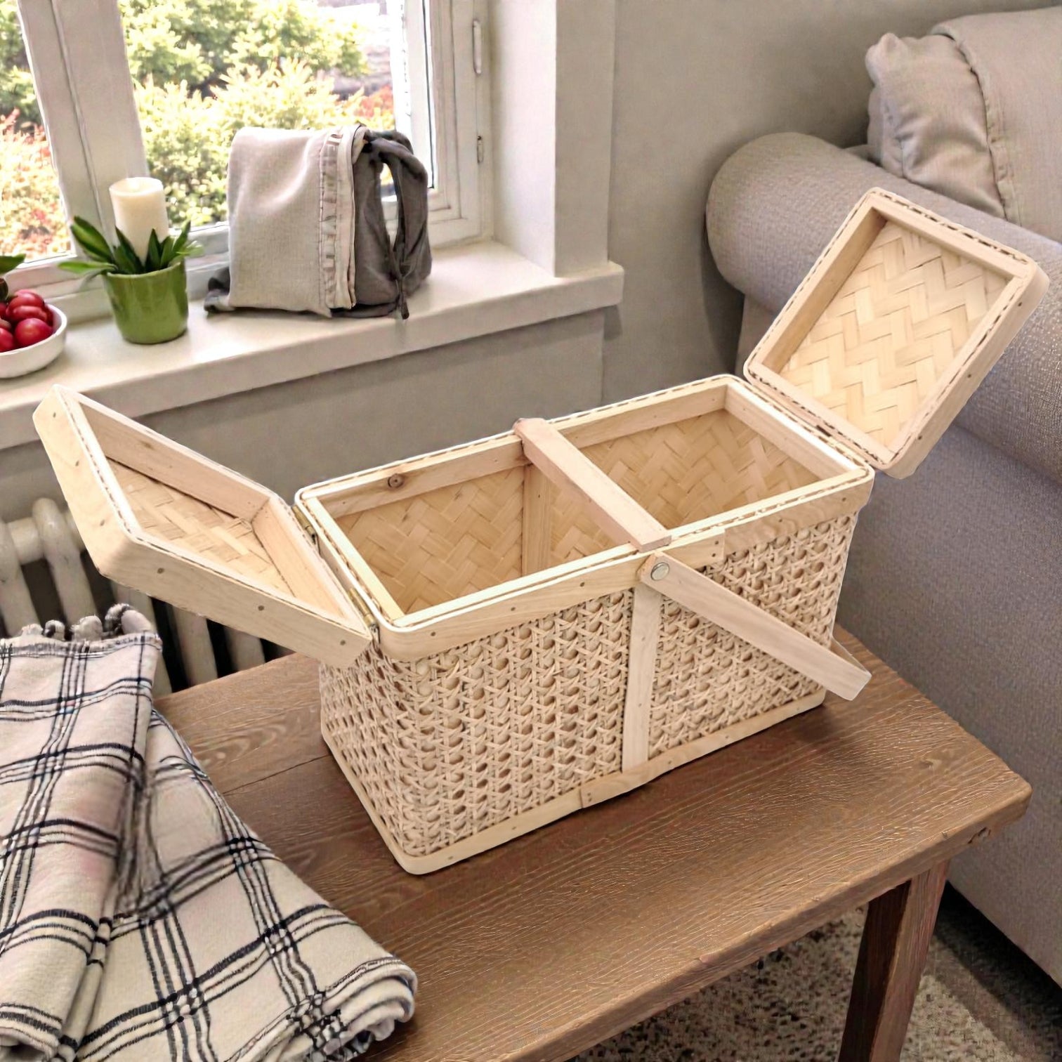 Handwoven Bamboo Picnic Storage Basket with Double Lid & Carry Handle (38.5H x 31L × 16W CM) - Damoo