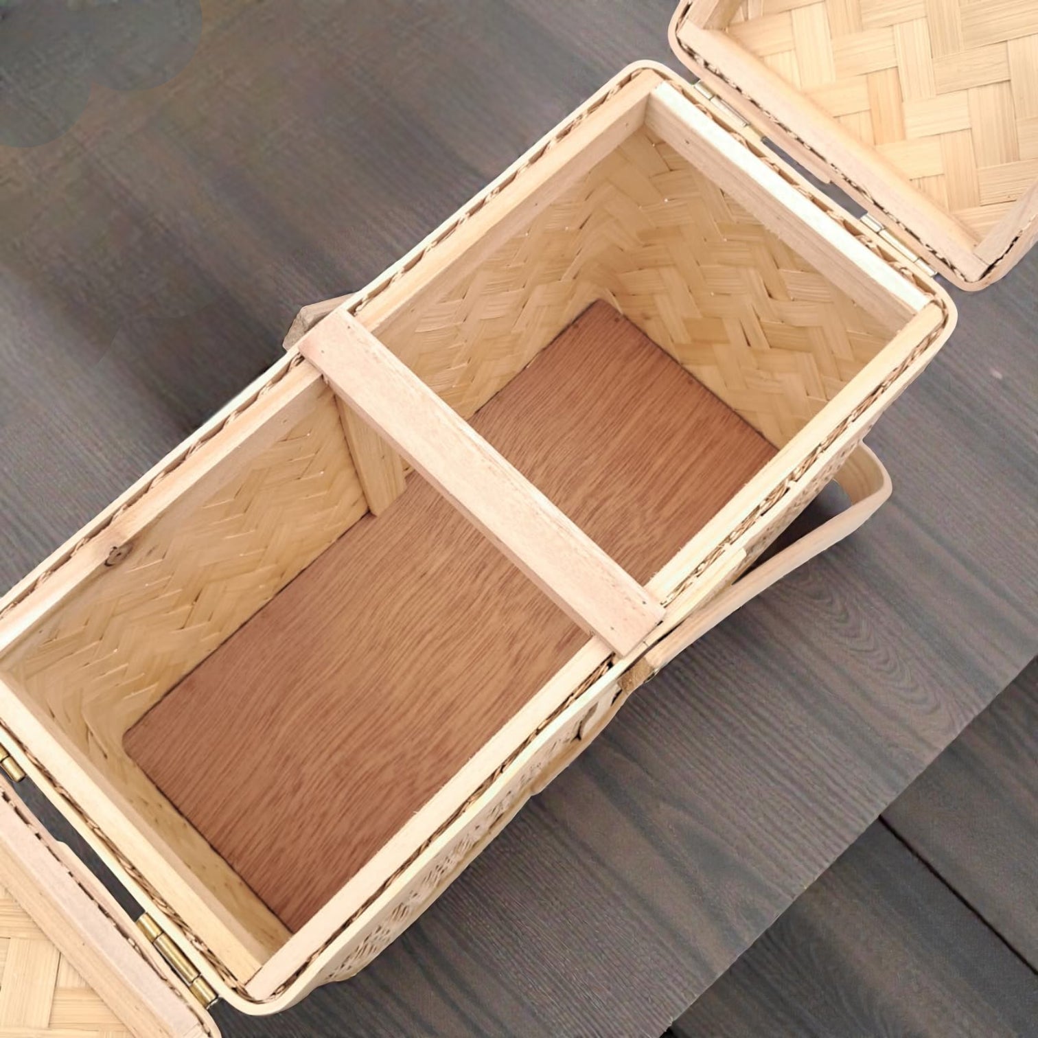 Handwoven Bamboo Picnic Storage Basket with Double Lid & Carry Handle (38.5H x 31L × 16W CM) - Damoo