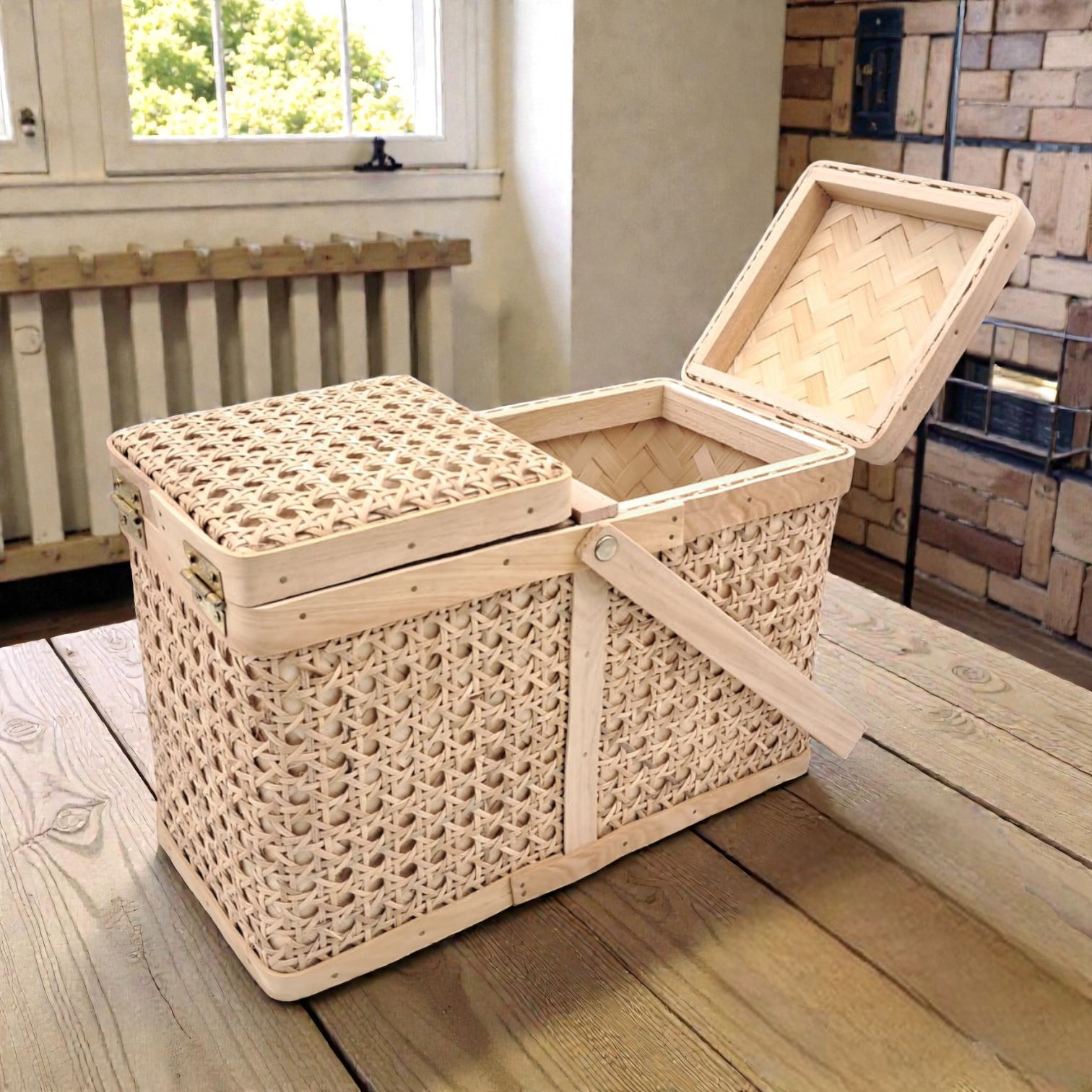 Handwoven Bamboo Picnic Storage Basket with Double Lid & Carry Handle (38.5H x 31L × 16W CM) - Damoo