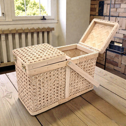 Handwoven Bamboo Picnic Storage Basket with Double Lid & Carry Handle (38.5H x 31L × 16W CM) - Damoo