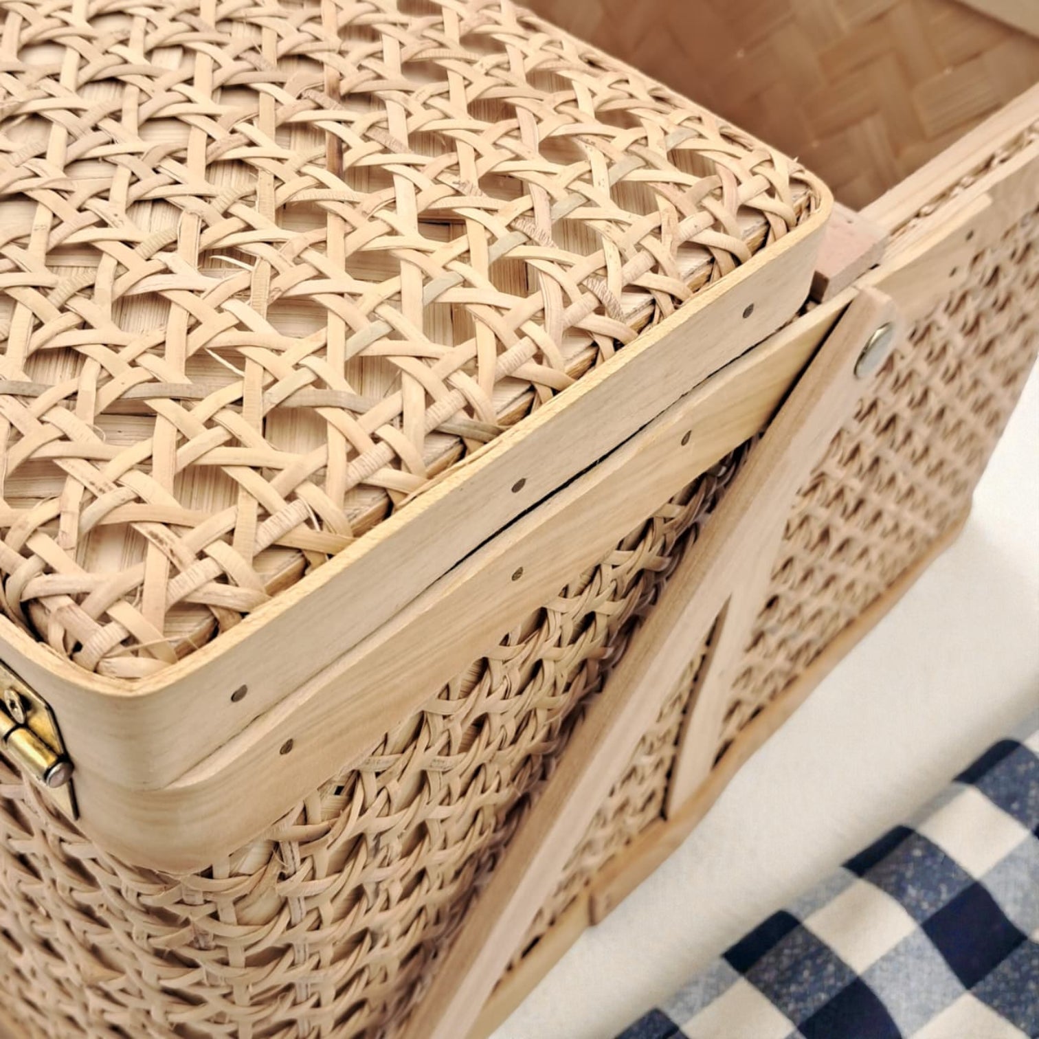Handwoven Bamboo Picnic Storage Basket with Double Lid & Carry Handle (38.5H x 31L × 16W CM) - Damoo