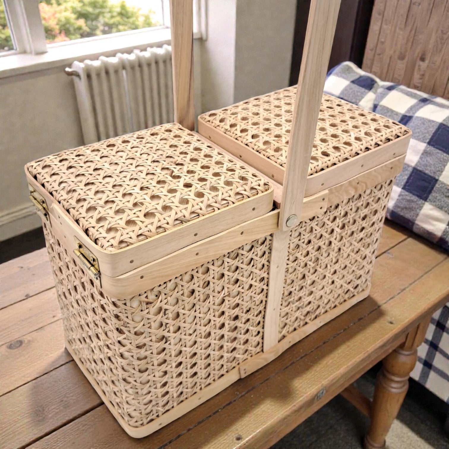 Handwoven Bamboo Picnic Storage Basket with Double Lid & Carry Handle (38.5H x 31L × 16W CM) - Damoo