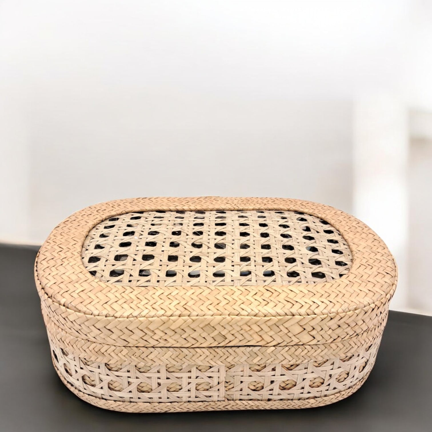 Handwoven Oval Bamboo Storage Box with Lid – Natural Rattan Organizer for Home Décor & Gifting (11H x 31L x 21W CM) - Damoo