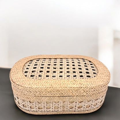 Handwoven Oval Bamboo Storage Box with Lid – Natural Rattan Organizer for Home Décor & Gifting (11H x 31L x 21W CM) - Damoo