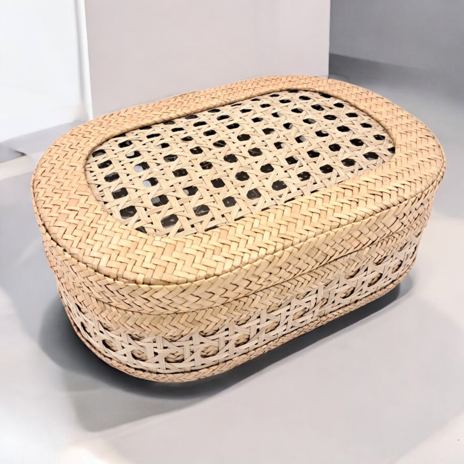 Handwoven Oval Bamboo Storage Box with Lid – Natural Rattan Organizer for Home Décor & Gifting (11H x 31L x 21W CM) - Damoo