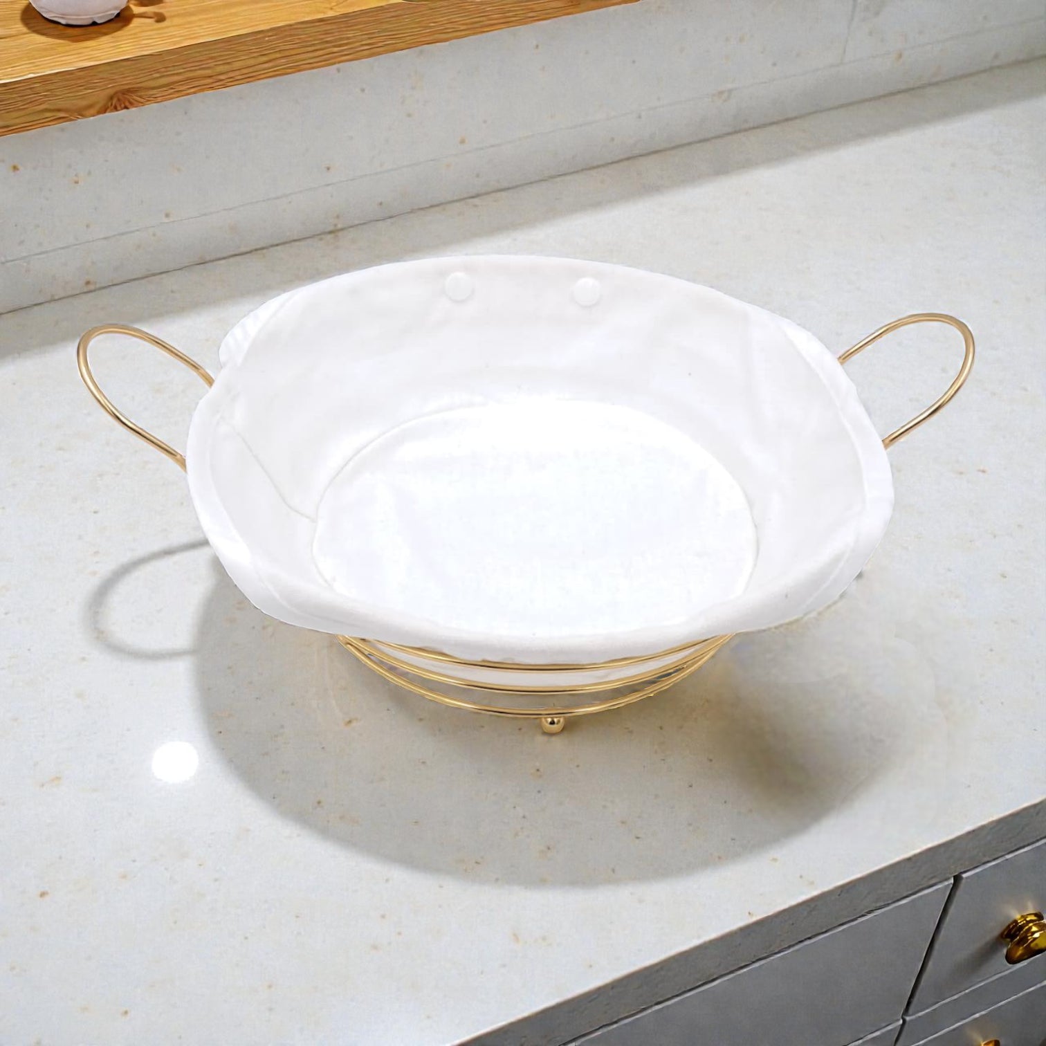 Elegant Gold Metal Bread & Fruit Basket with Removable Fabric Liner (10.5H × 31L × 24.5W CM) - Damoo