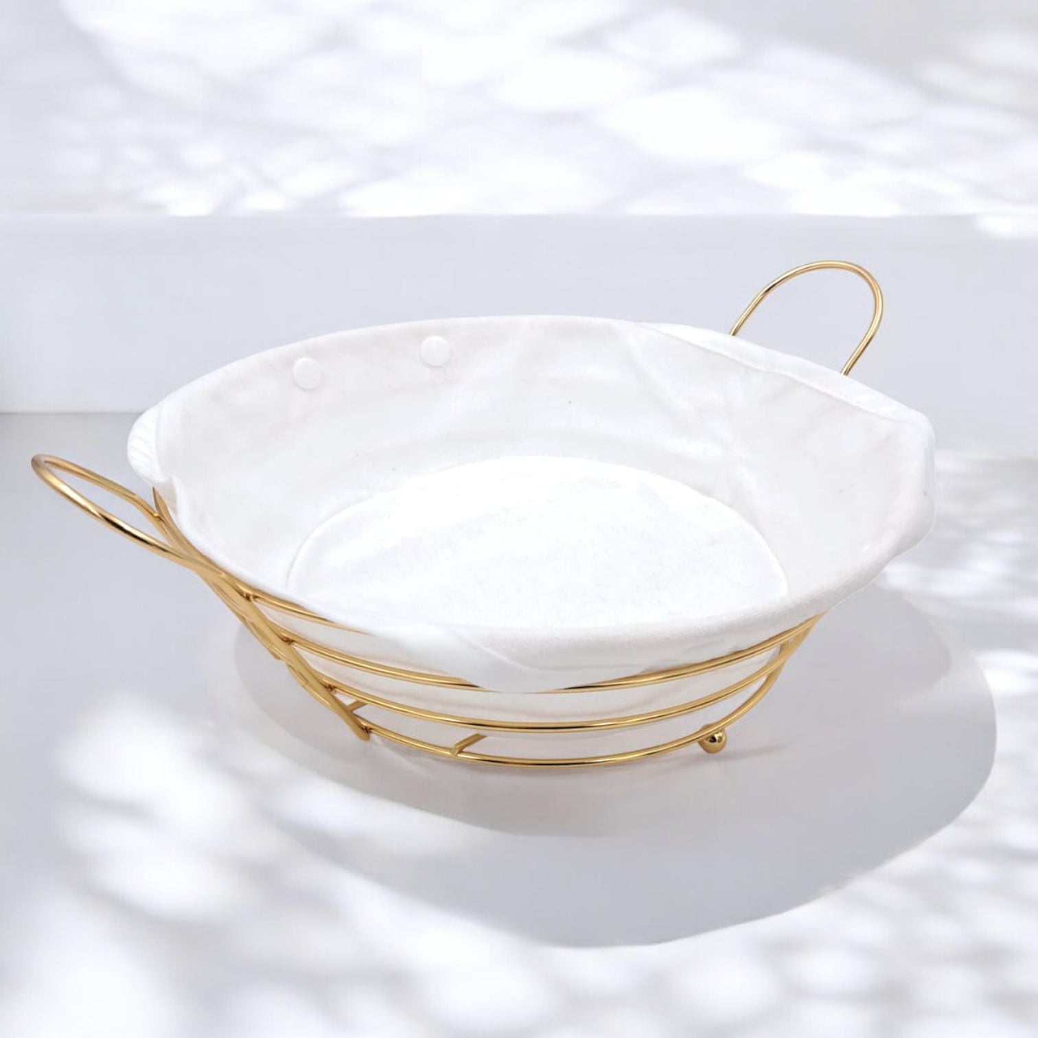Elegant Gold Metal Bread & Fruit Basket with Removable Fabric Liner (10.5H × 31L × 24.5W CM) - Damoo