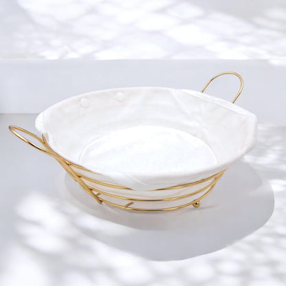 Elegant Gold Metal Bread & Fruit Basket with Removable Fabric Liner (10.5H × 31L × 24.5W CM) - Damoo