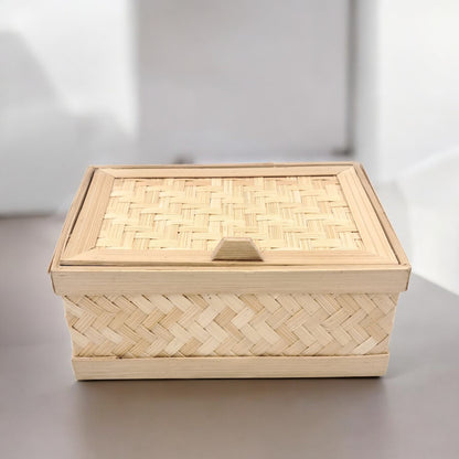 Handwoven Bamboo Storage Box with Lid – Natural Rectangular Organizer for Home & Gift Use (9H x 18L x 12.5W CM) - Damoo