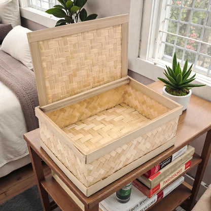 Handwoven Bamboo Storage Box with Lid – Natural Rectangular Organizer for Home & Gift Use (9H x 18L x 12.5W CM) - Damoo