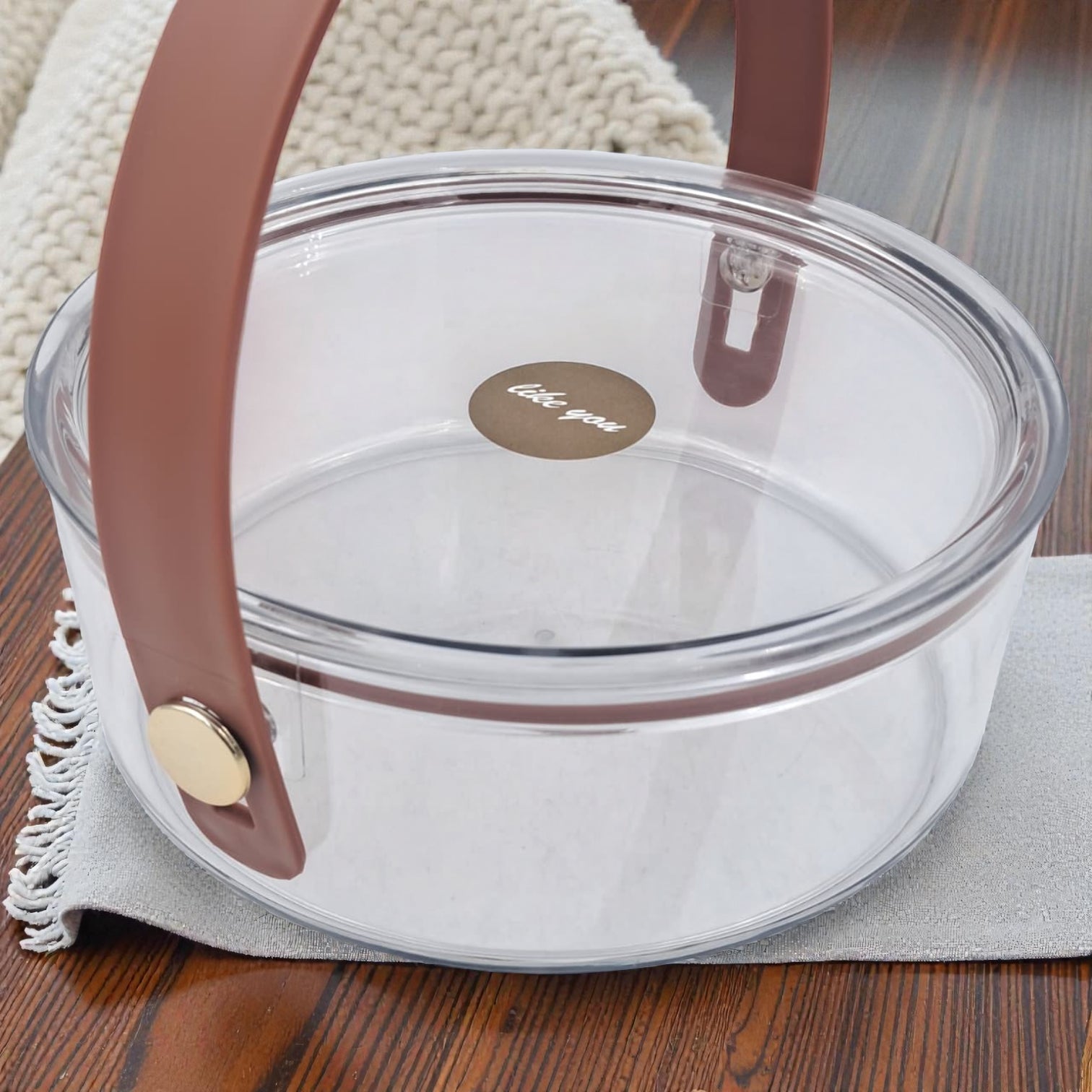 Clear Acrylic Storage Bowl with Lid & Leather Carry Handle – Modern Multipurpose Organizer (19H x 19L x 19W CM) - Damoo