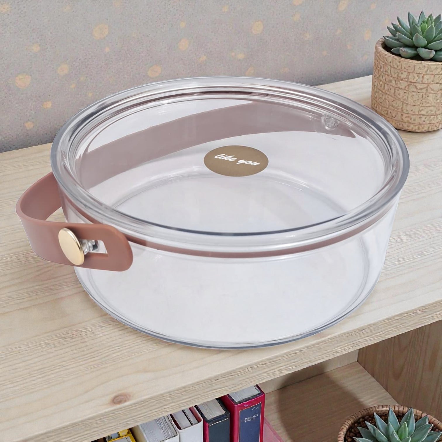 Clear Acrylic Storage Bowl with Lid & Leather Carry Handle – Modern Multipurpose Organizer (19H x 19L x 19W CM) - Damoo
