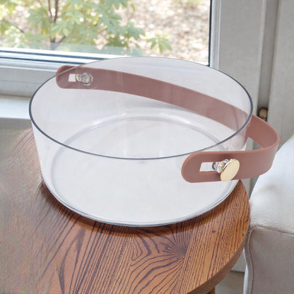 Clear Acrylic Storage Bowl with Lid & Leather Carry Handle – Modern Multipurpose Organizer (19H x 19L x 19W CM) - Damoo