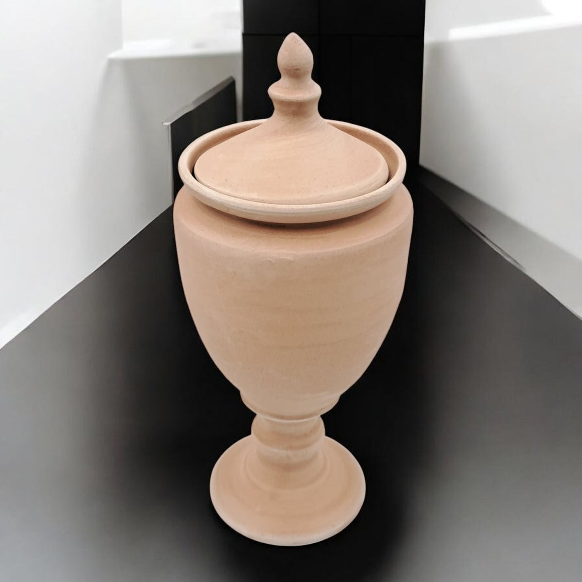 Handcrafted Natural Clay Pedestal Storage Jar with Lid – Minimal Rustic Home Décor Vessel (23H x 10.5L × 10.5W CM) - Damoo