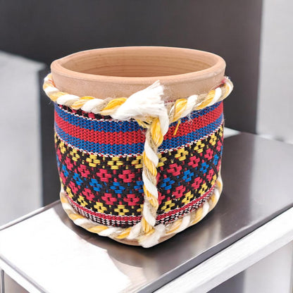 Handcrafted Arabic Fabric-Wrapped Clay Pot Decorative Storage & Planter (9H x 9L × 9W CM) - Damoo