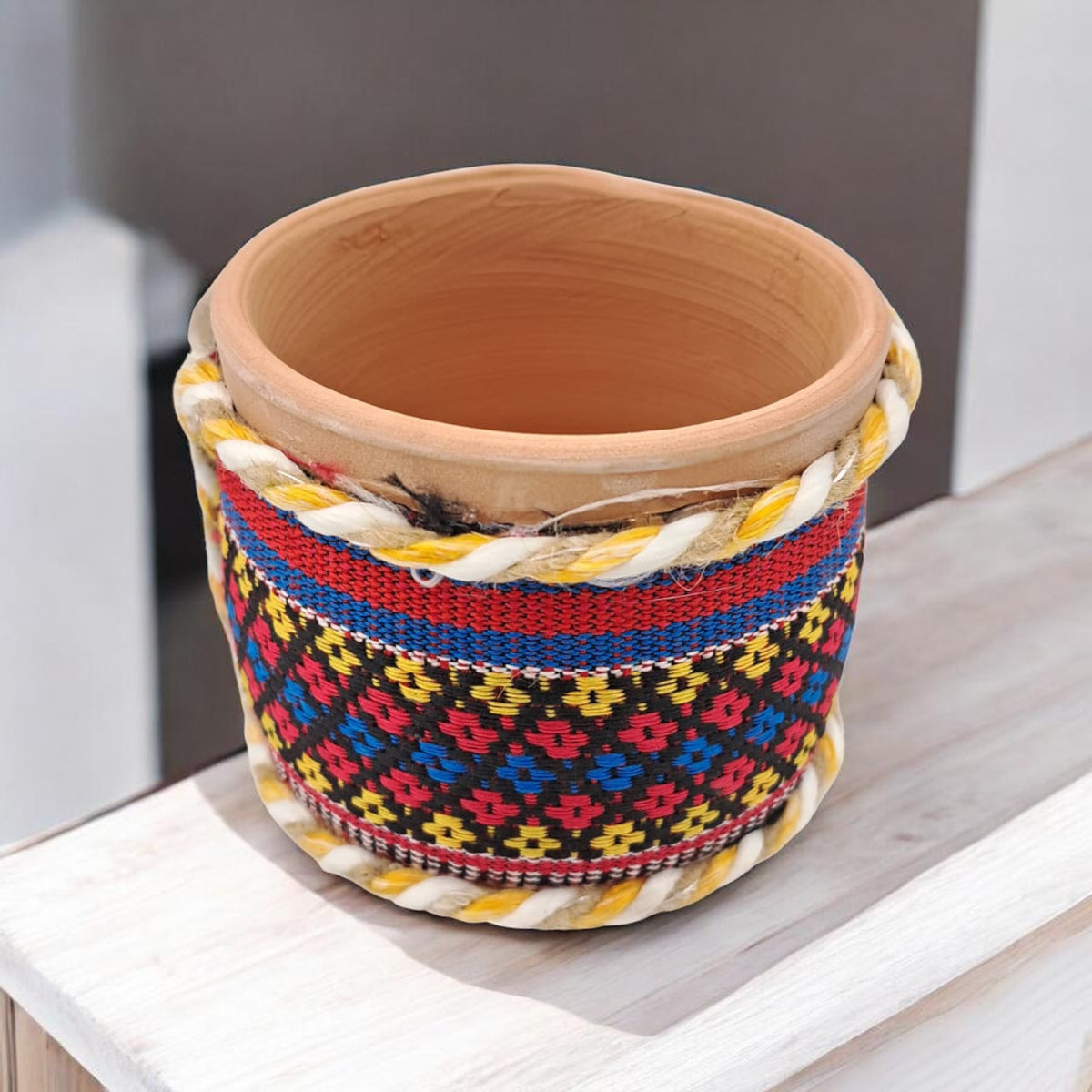 Handcrafted Arabic Fabric-Wrapped Clay Pot Decorative Storage & Planter (9H x 9L × 9W CM) - Damoo