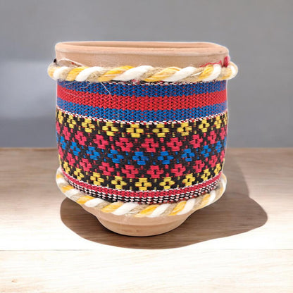 Handcrafted Arabic Fabric-Wrapped Clay Pot Decorative Storage & Planter (9H x 9L × 9W CM) - Damoo