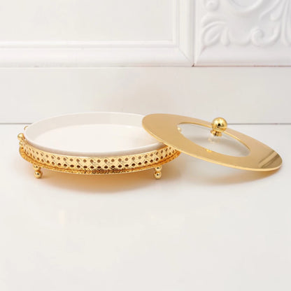 Al Habbai Oval Covered Serving Dish with Lid and Decorative Stand – Elegant Dessert, Dates & Candy Serving Tray for Majlis and Hospitality - Damoo